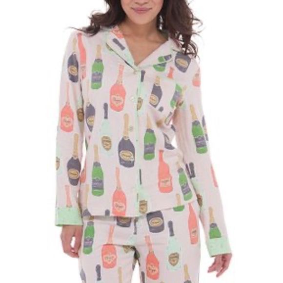 Munki Munki Champagne Bottles Flannel PJ Top - Picture 1 of 8